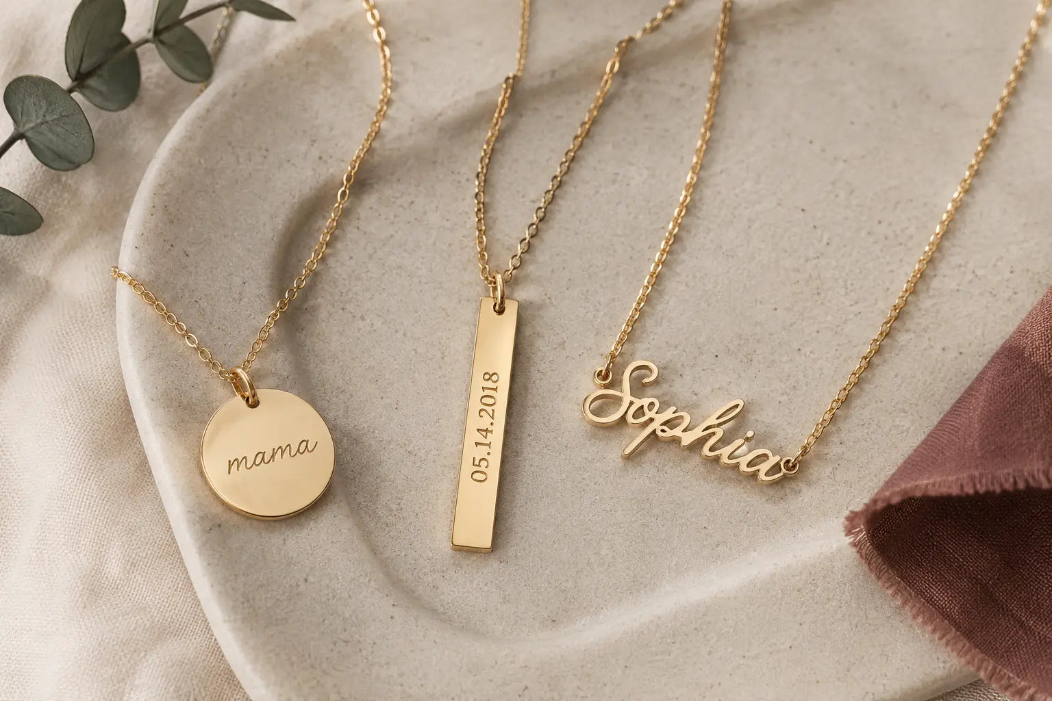 Gold personalized name and exact date jewelry